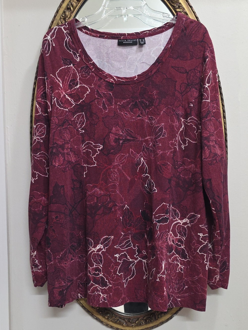 Susan Graver Weekend Wine Floral Long-Sleeve Scoop Neck Tee Size Large Tunic